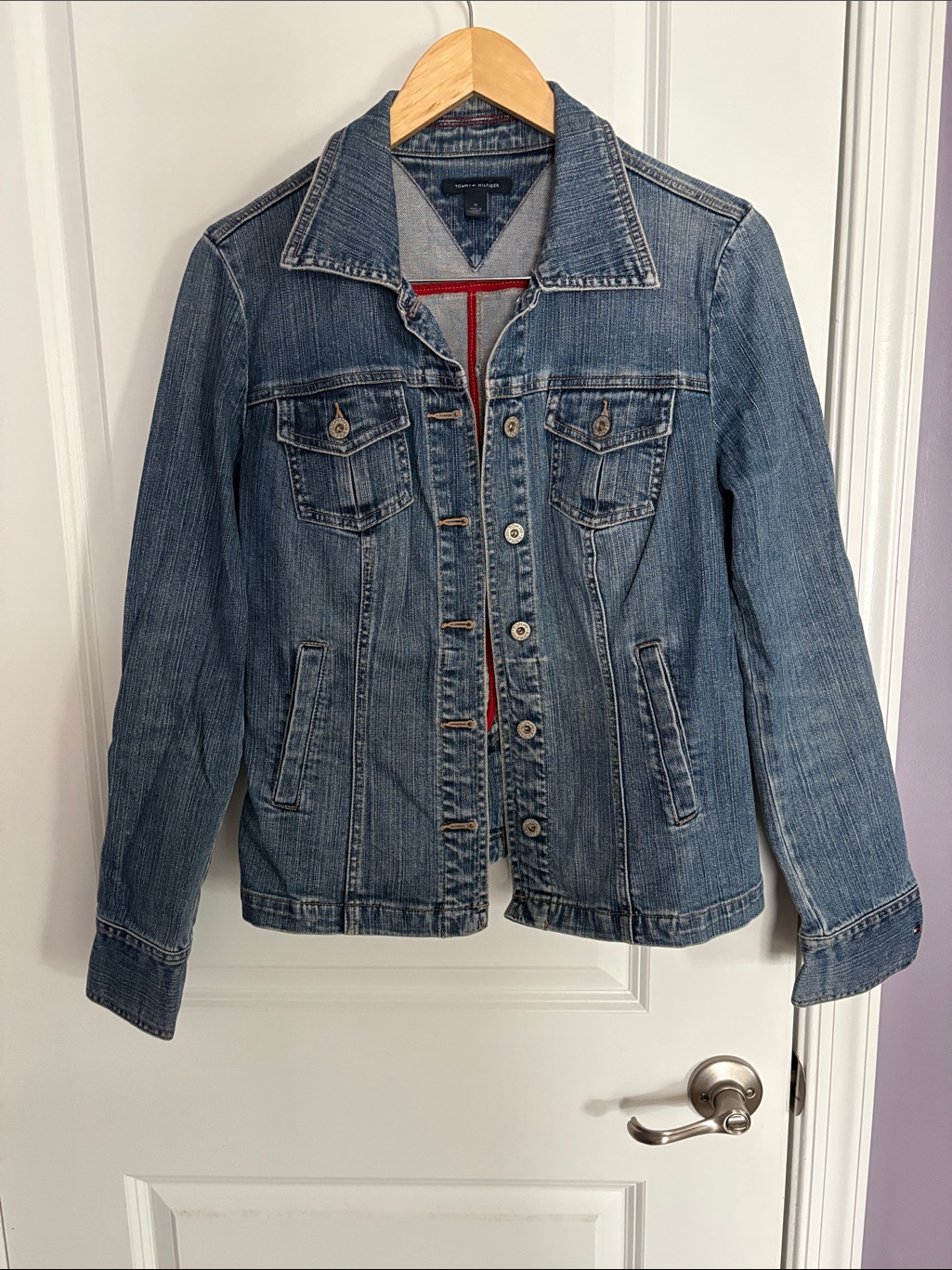 Tommy Hilfiger Blue Denim Jacket With Red Trim Accents